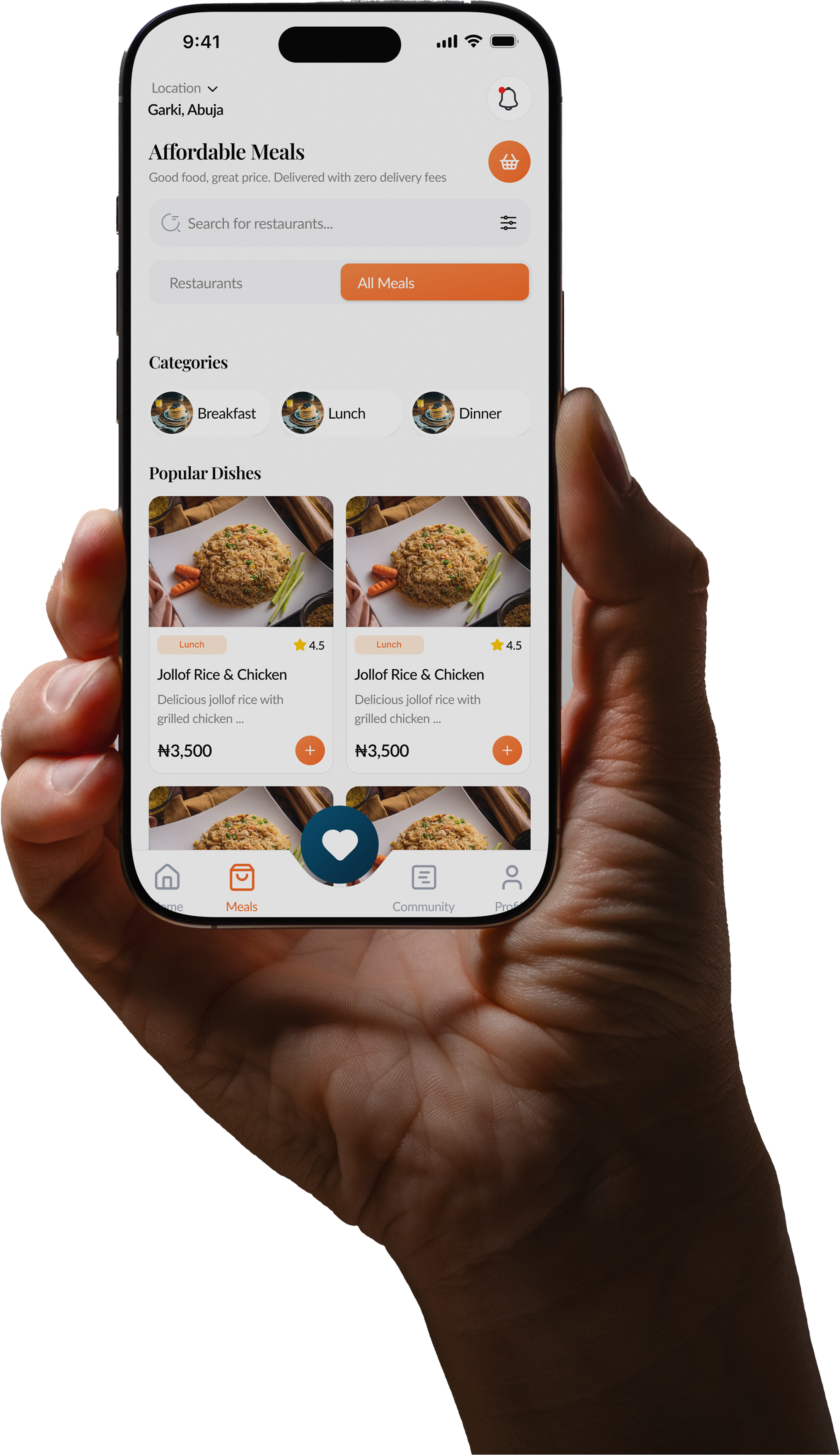 Mobile app showing food ordering interface